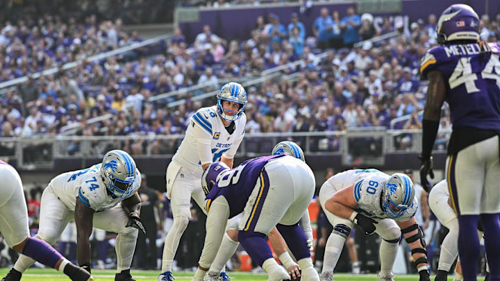 Oct 20, 2024; Minneapolis, Minnesota, USA; Detroit Lions quarterback Jared Goff (16) prepares for the snap against the Minnesota Vikings during the second quarter at U.S. Bank Stadium.
