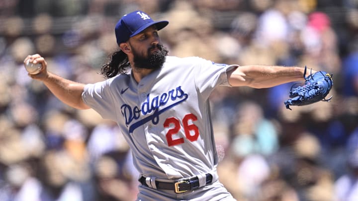 Aug 7, 2023; San Diego, California, USA; Los Angeles Dodgers starting pitcher Tony Gonsolin (26) throws a pitch against the San Diego Padres during the first inning at Petco Park. Mandatory Credit: Orlando Ramirez-Imagn Images