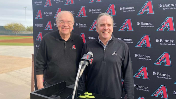 Arizona Diamondbacks Managing General Partner Ken Kendrick and President, CEO & General Partner Derrick Hall at press conference on first day of full squad workouts at Chase Field, February 17, 2025