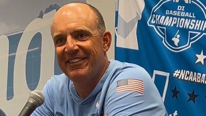 UNC baseball coach Scott Forbes during a press conference on Thursday, May 28, 2026, at Boshamer Stadium.