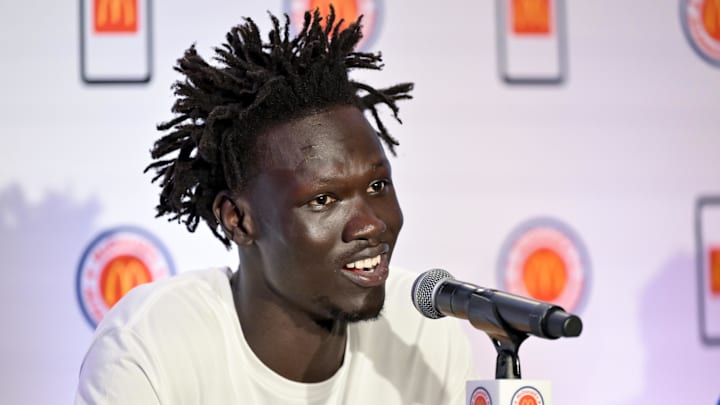Apr 1, 2024; Houston, TX, USA; McDonald's All American East center John Bol speaks during a press conference at JW Marriott Houston by The Galleria. Mandatory Credit: Maria Lysaker-USA TODAY Sports