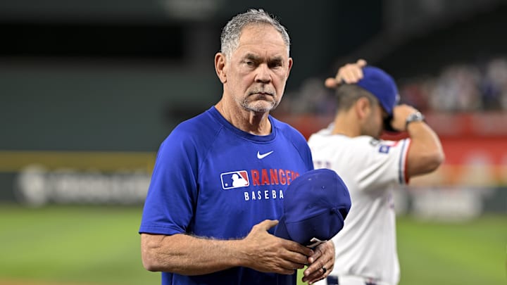 Texas Rangers manager Bruce Bochy (15) looks on before the game against the Minnesota Twins at Globe Life Field. 