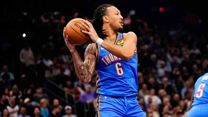 Feb 11, 2026; Phoenix, Arizona, USA; Oklahoma City Thunder forward Jaylin Williams (6) looks for a pass during the first half of the game at Mortgage Matchup Center. Mandatory Credit: Arianna Grainey-Imagn Images