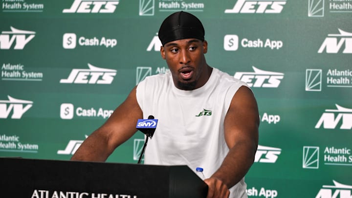 Jun 11, 2025; Florham Park, NY, USA; New York Jets running back Breece Hall (20) speaks at a press conference during minicamp at Atlantic Health Jets Training Center. Mandatory Credit: John Jones-Imagn Images
