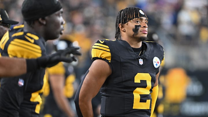 Oct 28, 2024; Pittsburgh, Pennsylvania, USA; Pittsburgh Steelers quarterback Justin Fields (2) watches the action during the first quarter of a game against the New York Giants at Acrisure Stadium. Mandatory Credit: Barry Reeger-Imagn Images