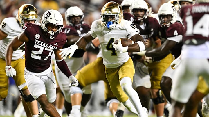 Aug 31, 2024; College Station, Texas, USA; Notre Dame Fighting Irish running back Jeremiyah Love (4) runs the ball for a touchdown in the fourth quarter against the Texas A&M Aggies at Kyle Field. Mandatory Credit: Maria Lysaker-Imagn Images