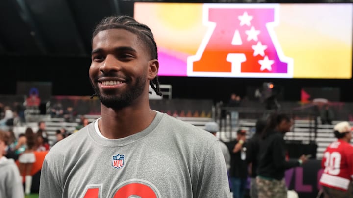 Feb 2, 2026; San Francisco, CA, USA; Cleveland Browns quarterback Shadeur Sanders (12) during AFC practice at the NFL Flag Fieldhouse at Moscone Center South Building. Mandatory Credit: Kirby Lee-Imagn Images