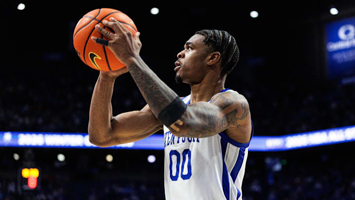 Feb 17, 2026; Lexington, Kentucky, USA; Kentucky Wildcats guard Otega Oweh (00) shoots the ball during the second half against the Georgia Bulldogs at Rupp Arena at Central Bank Center. Mandatory Credit: Jordan Prather-Imagn Images