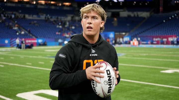Mar 1, 2025; Indianapolis, IN, USA; Mississippi quarterback Jaxson Dart (QB03) during the 2025 NFL Combine at Lucas Oil Stadium. Mandatory Credit: Kirby Lee-Imagn Images