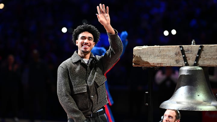 Jan 31, 2025; Philadelphia, Pennsylvania, USA; Philadelphia 76ers guard Jared McCain (20) reacts before the game against the Denver Nuggets at Wells Fargo Center. Mandatory Credit: Kyle Ross-Imagn Images