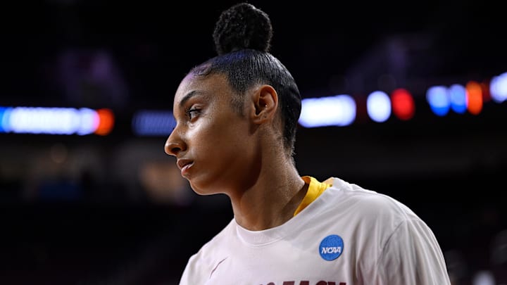 Mar 24, 2025; Los Angeles, California, USA; USC Trojans guard JuJu Watkins (12) during pregame warmups before an NCAA Tournament second round game against the Mississippi State Bulldogs at Galen Center. Mandatory Credit: Robert Hanashiro-Imagn Images