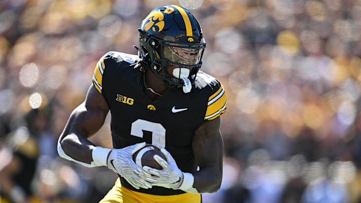 Sep 7, 2024; Iowa City, Iowa, USA; Iowa Hawkeyes running back Kaleb Johnson (2) runs for a 27 yard touchdown against the Iowa State Cyclones during the first quarter at Kinnick Stadium. Sep 7, 2024; Iowa City, Iowa, USA; Iowa Hawkeyes running back Kaleb Johnson (2) runs for a 27 yard touchdown against the Iowa State Cyclones during the first quarter at Kinnick Stadium.