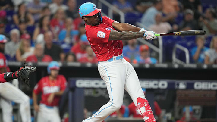 Aug 26, 2023; Miami, Florida, USA;  Miami Marlins designated hitter Jorge Soler (12) hits a solo