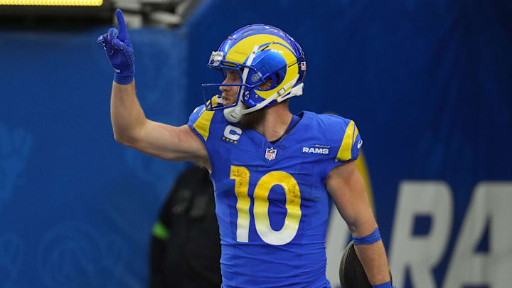 Dec 17, 2023; Inglewood, California, USA; Los Angeles Rams wide receiver Cooper Kupp (10) celebrates after a touchdown in the third quarter against the Washington Commanders at SoFi Stadium. Mandatory Credit: Kirby Lee-Imagn Images
