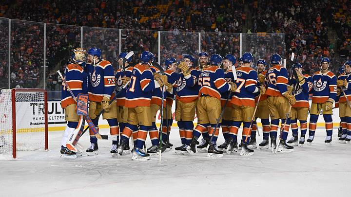 Oct 29, 2023; Edmonton, Alberta, CAN; Oilers goalie Stuart Skinner (74) along with Oilers defenceman Vincent Desharnais (73) celebrate their winin the third period in the 2023 Heritage Classic ice hockey game at Commonwealth Stadium. Mandatory Credit: Walter Tychnowicz-USA TODAY Sports Oct 29, 2023; Edmonton, Alberta, CAN; Oilers goalie Stuart Skinner (74) along with Oilers defenceman Vincent Desharnais (73) celebrate their winin the third period in the 2023 Heritage Classic ice hockey game at Commonwealth Stadium. Mandatory Credit: Walter Tychnowicz-USA TODAY Sports
