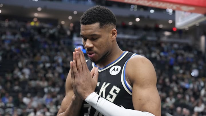 Milwaukee Bucks forward Giannis Antetokounmpo (34) pregame against the Cleveland Cavaliers at Fiserv Forum on March 9, 2025.