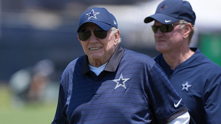 Dallas Cowboys owner Jerry Jones and son Jerry Jones Jr. during training camp at the River Ridge Fields. Dallas Cowboys owner Jerry Jones and son Jerry Jones Jr. during training camp at the River Ridge Fields.