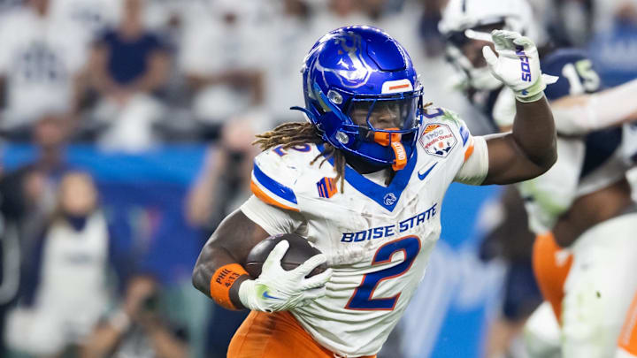 Dec 31, 2024; Glendale, AZ, USA; Boise State Broncos running back Ashton Jeanty (2) against the Penn State Nittany Lions during the Fiesta Bowl at State Farm Stadium. Mandatory Credit: Mark J. Rebilas-Imagn Images