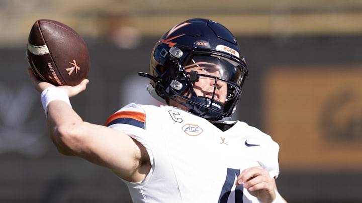 Nov 1, 2025; Berkeley, California, USA; Virginia Cavaliers quarterback Chandler Morris (4) throws a pass during warmups before the game against the California Golden Bears at California Memorial Stadium. Mandatory Credit: D. Ross Cameron-Imagn Images