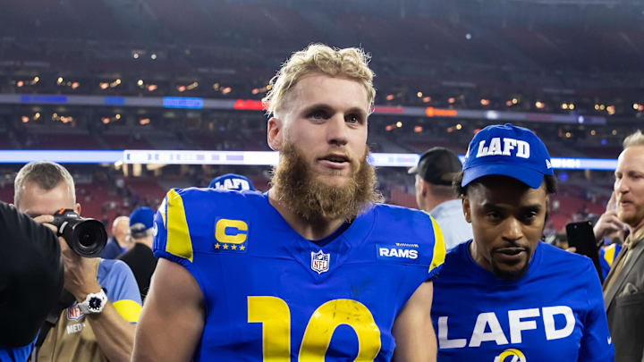 Jan 13, 2025; Glendale, AZ, USA; Los Angeles Rams wide receiver Cooper Kupp (10) against the Minnesota Vikings during an NFC wild card game at State Farm Stadium. Mandatory Credit: Mark J. Rebilas-Imagn Images