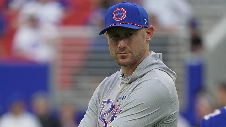 Buffalo Bills head coach Joe Brady watches the quarterbacks drill during the Return of the Blue and Red practice at Highmark Stadium in Orchard Park, N.Y., on Aug. 8, 2026.