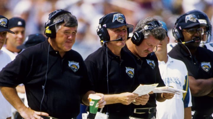 Sep 3, 1995, 1998; Jacksonville, FL, USA; Jacksonville Jaguars head coach Tom Coughlin on the sideline against the Houston Oilers at Alltel Stadium. FILE PHOTO; Mandatory Credit: USA TODAY Sports Sep 3, 1995, 1998; Jacksonville, FL, USA; Jacksonville Jaguars head coach Tom Coughlin on the sideline against the Houston Oilers at Alltel Stadium. FILE PHOTO; Mandatory Credit: USA TODAY Sports