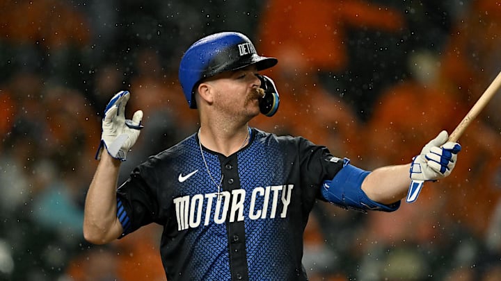 Jun 13, 2025; Detroit, Michigan, USA; Detroit Tigers catcher Jake Rogers (34) steps up to the plate against the Cincinnati Reds as the rain falls in the the seventh inning at Comerica Park. Mandatory Credit: Lon Horwedel-Imagn Images