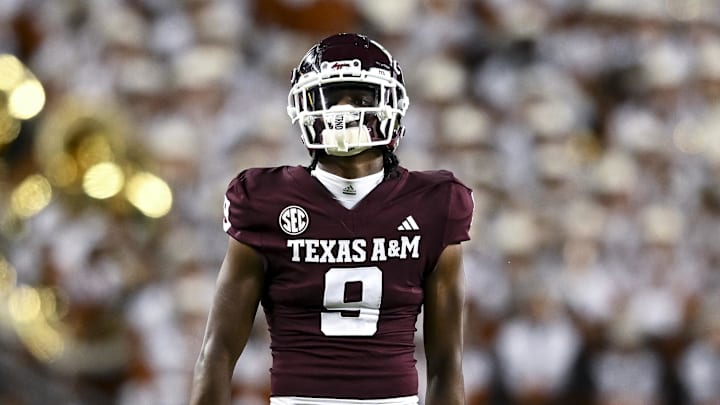 Nov 30, 2024; College Station, Texas, USA; Texas A&M Aggies wide receiver Jahdae Walker (9) reacts during the first half against the Texas Longhorns. The Longhorns defeated the Aggies 17-7 at Kyle Field. Mandatory Credit: Maria Lysaker-Imagn Images Nov 30, 2024; College Station, Texas, USA; Texas A&M Aggies wide receiver Jahdae Walker (9) reacts during the first half against the Texas Longhorns. The Longhorns defeated the Aggies 17-7 at Kyle Field. Mandatory Credit: Maria Lysaker-Imagn Images