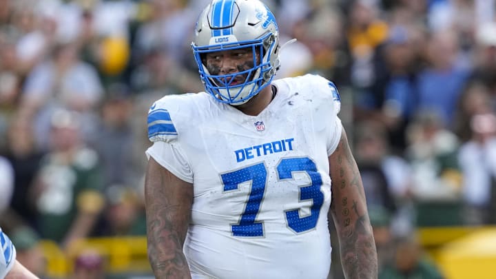 Sep 7, 2025; Green Bay, Wisconsin, USA; Detroit Lions guard Christian Mahogany (73) during the game against the Green Bay Packers at Lambeau Field. Mandatory Credit: Jeff Hanisch-Imagn Images Sep 7, 2025; Green Bay, Wisconsin, USA; Detroit Lions guard Christian Mahogany (73) during the game against the Green Bay Packers at Lambeau Field. Mandatory Credit: Jeff Hanisch-Imagn Images