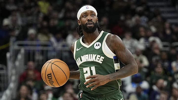 Mar 24, 2024; Milwaukee, Wisconsin, USA;  Milwaukee Bucks guard Patrick Beverley (21) during the game against the Oklahoma City Thunder at Fiserv Forum. Mandatory Credit: Jeff Hanisch-Imagn Images