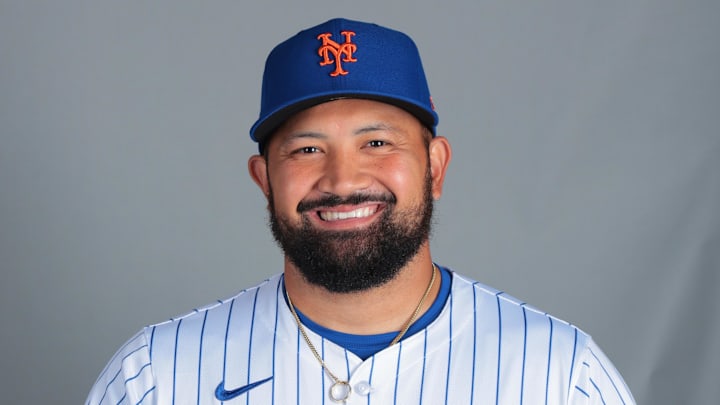 Feb 20, 2025; Port St. Lucie, FL, USA; New York Mets pitcher Rico Garcia (50) poses for a photo during picture day at Clover Park. Mandatory Credit: Sam Navarro-Imagn Images