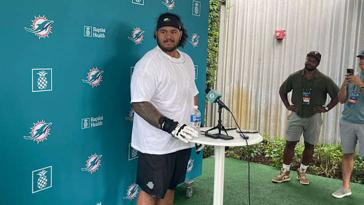 Miami Dolphins rookie guard Jonah Savaiinaea Miami Dolphins rookie guard Jonah Savaiinaea