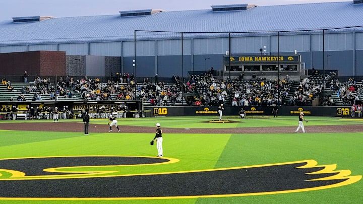 Iowa heads onto the field to play defense against Bradley April 16, 2025 at Duane Banks Field in Iowa City, Iowa.