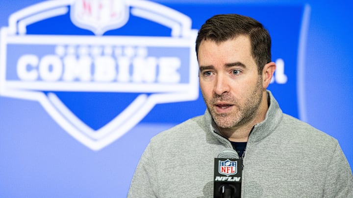 Feb 27, 2024; Indianapolis, IN, USA; Tennessee Titans head coach Brian Callahan talks to the media