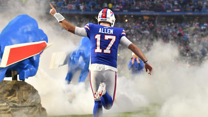 Dec 17, 2023; Orchard Park, New York, USA; Buffalo Bills quarterback Josh Allen (17) takes the field