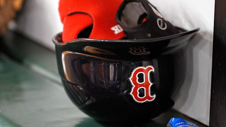 Aug 29, 2014; St. Petersburg, FL, USA; A detailed view of Boston Red Sox left fielder Yoenis Cespedes (52) helmet in the dugout against the Tampa Bay Rays at Tropicana Field. Mandatory Credit: Kim Klement-Imagn Images
