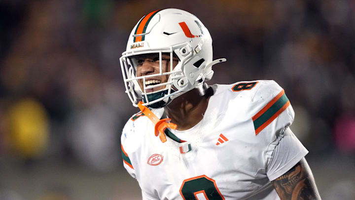 Oct 5, 2024; Berkeley, California, USA; Miami Hurricanes tight end Elijah Arroyo (8) celebrates after scoring a touchdown against the California Golden Bears during the fourth quarter at California Memorial Stadium. 