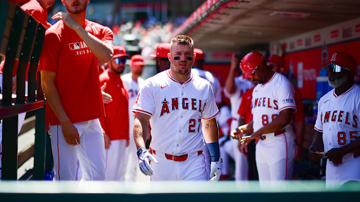 Apr 6, 2025; Anaheim, California, USA; Los Angeles Angels designated hitter Mike Trout (27) before playing against the Cleveland Guardians at Angel Stadium. Mandatory Credit: Gary A. Vasquez-Imagn Images