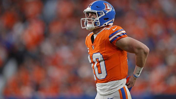 Jan 4, 2026; Denver, Colorado, USA; Denver Broncos quarterback Bo Nix (10) looks on during the second half against the Los Angeles Chargers at Empower Field at Mile High. Mandatory Credit: Isaiah J. Downing-Imagn Images