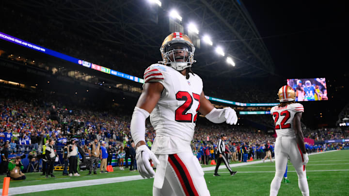Oct 10, 2024; Seattle, Washington, USA; San Francisco 49ers safety Ji'Ayir Brown (27) celebrates after a defensive play against the Seattle Seahawks during the second half at Lumen Field.