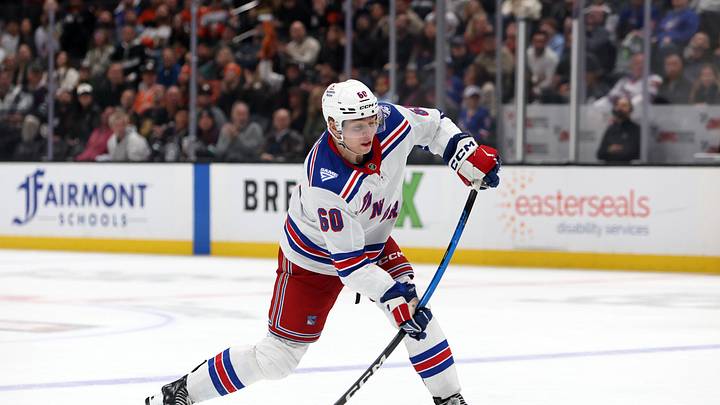 Jan 19, 2026; Anaheim, California, USA;  New York Rangers defenseman Scott Morrow (60) takes a slapshot during the third period against the Anaheim Ducks at Honda Center. Mandatory Credit: Kiyoshi Mio-Imagn Images