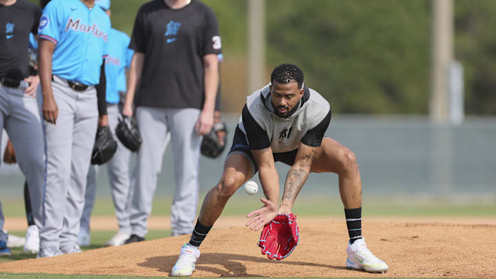 Feb 17, 2024; Jupiter, FL, USA; Miami Marlins starting pitcher Sandy Alcantara (22) practices during a spring training workout at the Marlins Player Development & Scouting Complex. Mandatory Credit: Sam Navarro-Imagn Images