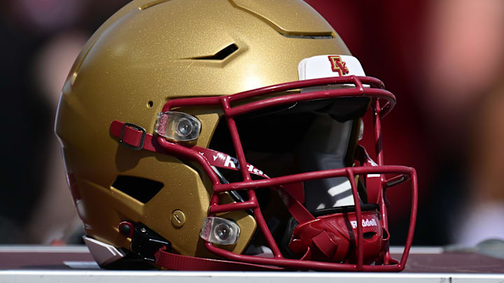 Sep 28, 2024; Chestnut Hill, Massachusetts, USA; A Boston College Eagles helmet sits on an equipment case before the first half against the Western Kentucky Hilltoppers at Alumni Stadium. Mandatory Credit: Eric Canha-Imagn Images