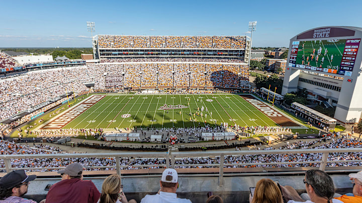 Sep 27, 2025; Starkville, Mississippi, USA; General view of Davis Wade Stadium at Scott Field during the game between Mississippi State Bulldogs and Tennessee Volunteers . Mandatory Credit: Wesley Hale-Imagn Images