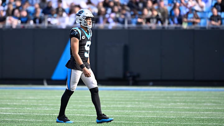Nov 3, 2024; Charlotte, North Carolina, USA; Carolina Panthers quarterback Bryce Young (9) on the field in the second quarter at Bank of America Stadium. Mandatory Credit: Bob Donnan-Imagn Images