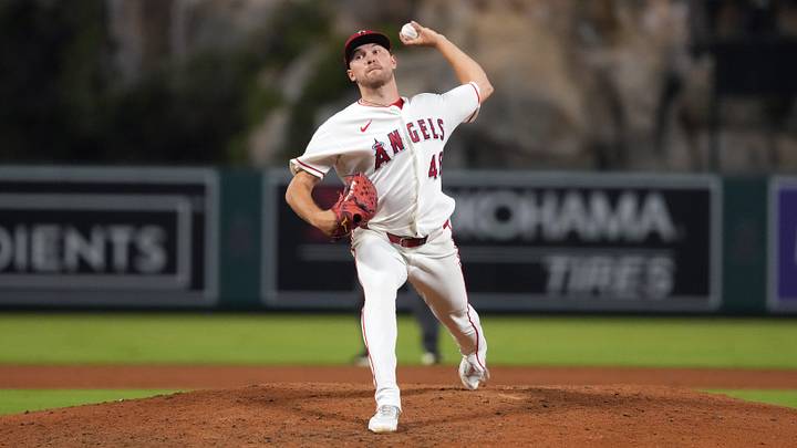 Sep 14, 2026; Anaheim, California, USA; Los Angeles Angels pitcher Reid Detmers (48) throws against the Seattle Mariners at Angel Stadium. Mandatory Credit: Kirby Lee-Imagn Images
