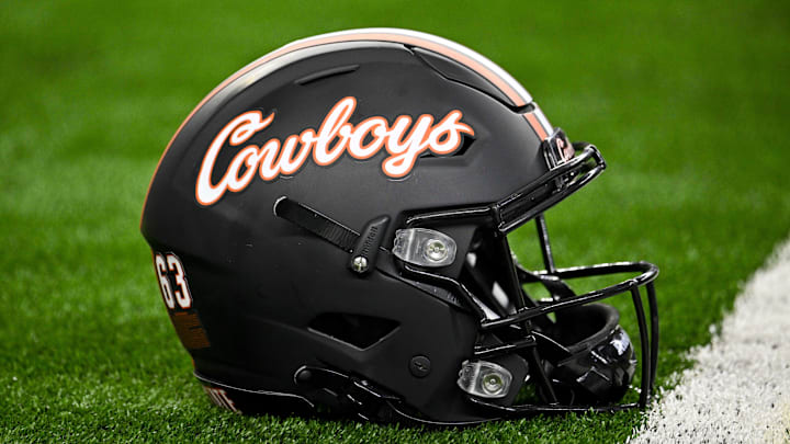 Dec 2, 2023; Arlington, TX, USA;  A view of a Oklahoma State Cowboys helmet before the game between the Texas Longhorns and the Oklahoma State Cowboys at AT&T Stadium. Mandatory Credit: Jerome Miron-Imagn Images