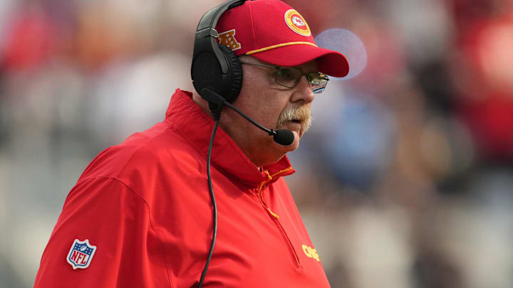 Sep 29, 2024; Inglewood, California, USA; Kansas City Chiefs coach Andy Reid looks on against the Los Angeles Chargers in the second half at SoFi Stadium. Mandatory Credit: Kirby Lee-Imagn Images