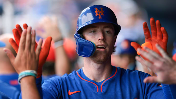 Mar 5, 2026; West Palm Beach, Florida, USA; New York Mets right fielder Brett Baty (7) celebrates with teammates after hitting a two-run home run against the Washington Nationals during the first inning at CACTI Park of the Palm Beaches. Mandatory Credit: Sam Navarro-Imagn Images Mar 5, 2026; West Palm Beach, Florida, USA; New York Mets right fielder Brett Baty (7) celebrates with teammates after hitting a two-run home run against the Washington Nationals during the first inning at CACTI Park of the Palm Beaches. Mandatory Credit: Sam Navarro-Imagn Images