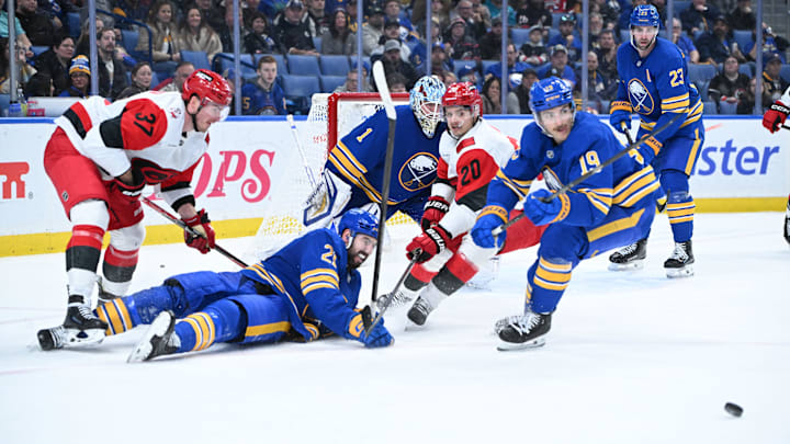 Buffalo Sabres players Conor Timmins, Peyton Krebs and Mattias Samuelsson Buffalo Sabres players Conor Timmins, Peyton Krebs and Mattias Samuelsson